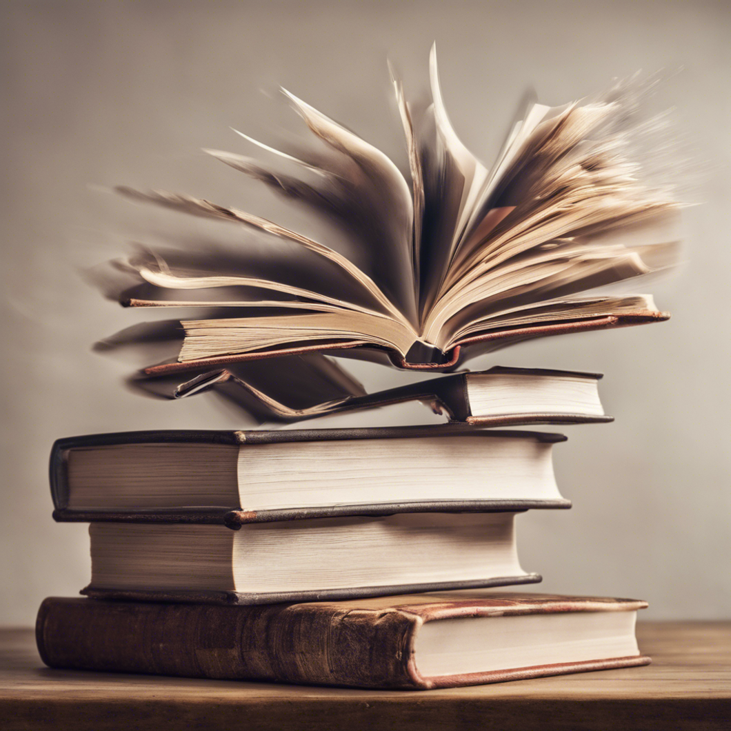 Books stacked and pages flipping on open top book